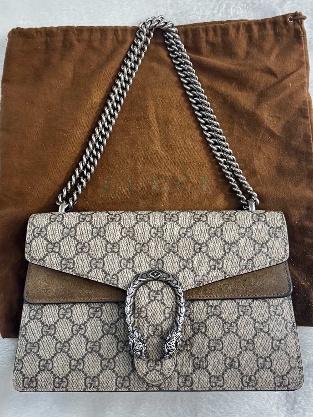 Gucci GG Supreme Shoulder Bag in Beige and Brown with Silver Hardware